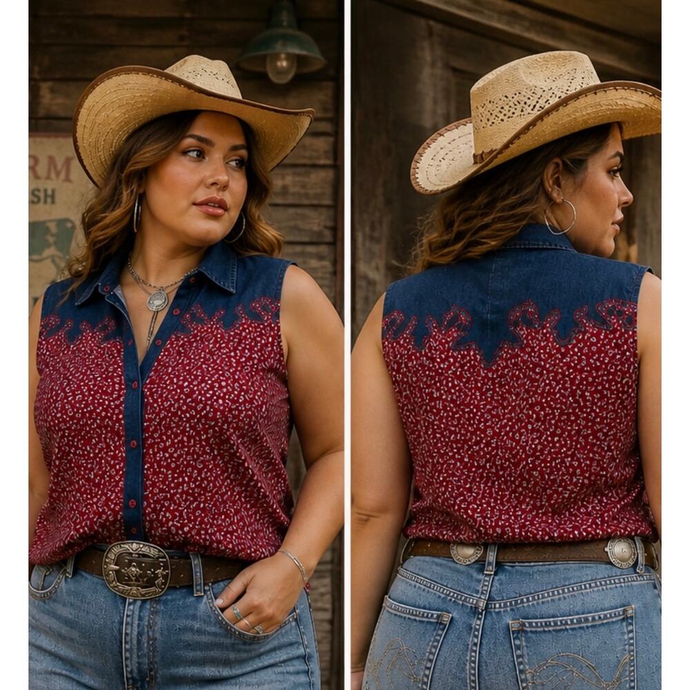 Vintage Wrangler Sleeveless Western Denim Floral Button Up Y2K Cowgirl plus XXL